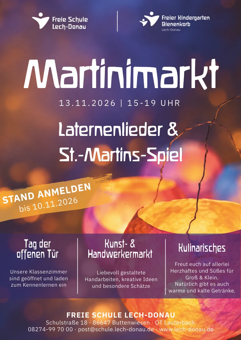 Flyer zum Martinimarkt am 13.11.2026 von 15 bis 19 Uhr an der Freien Schule Lech-Donau